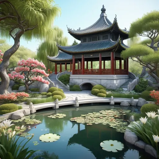 Prompt: Detailed, realistic, 3D bas relief,Chinese Garden with Lily pond, Chinese Trees ,Line drawing, High detail, Intricate, Elaborate, Magical, Intrically detailed. 4K, HDR,Professional quality, Digital illustration, Realistic with a touch of fantasy, by Alphonse Mucha, Artstation, 