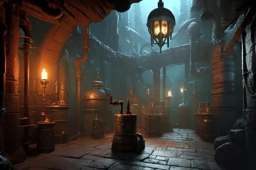 Prompt: D&D Medieval Evil Alchemist's Underground Research Lab in Dungeon,  Dark Sci-fi Fantasy,  lots of flasks filled with magic liquids, black and cyan color scheme, narrative environment concept art scene, mysterious atmosphere, dramatic lighting,  digital art, cryengine render 8 k uhd