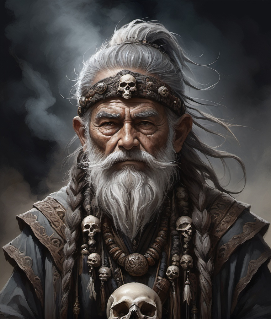 Prompt: (full-body) concept art of high fantasy wizened old male gnome deathspeaker shaman, oil painting, dark atmospheric lighting, high fantasy, highly detailed background, dark gritty tones, professional illustration, painted, art, painterly, thick gray and brown hair, thick gray and brown beard, crazed crazy possessed wild expression, shamanistic staff with skulls tied to it, shaman robes, soft shadows, soft highlights, very short subject, standing in highly detailed desolate wasteland background, windswept charred misty foggy rocky craggy dead wasteland background, skull and bone tribal fetishes, alchemical component pouches attached to belt, shamanistic tribal headdress, 