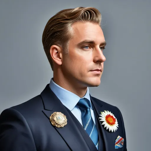Prompt: a man in a suit and tie with badges on his lapel and a tie with a flower on his lapel, Colin Middleton, maximalism, profile picture, a character portrait, 3d Bas Relief