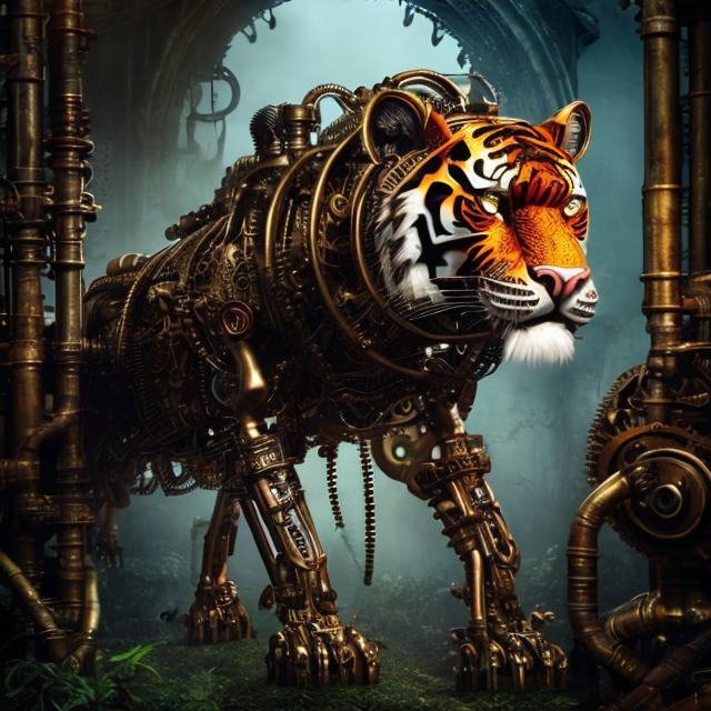 Prompt: 

Mechanical Tiger, steampunk style, intricate details,in Junglel atmospheric lighting, gothic, steampunk, intricate design, mechanical, detailed fur, jungle vegitation, high quality, professional, atmospheric lighting