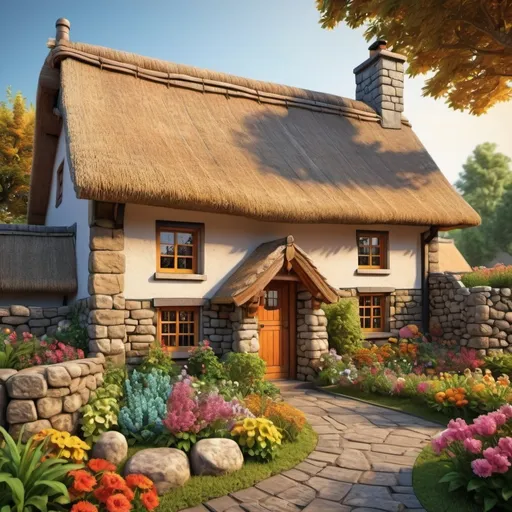 Prompt: Country cottage with thatched roof, colorful garden, stone wall, 3D bas relief, wooden picture frame, highres, detailed 3D rendering, traditional, vibrant colors, warm lighting