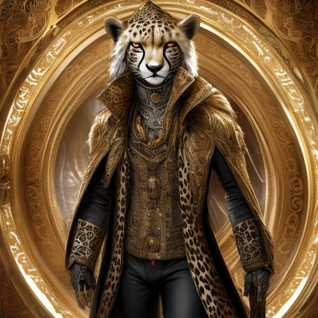 Prompt: Humanoid white cheetah in a long gold peacoat and wide-brimmed hat, luxurious fabric with intricate details, intense and piercing gaze, fantasy art, opulent gold tones, dramatic lighting, high-res, ultra-detailed, fantasy, luxurious, detailed fur, regal, opulent, extravagant, wide-brimmed hat, humanoid, fierce presence