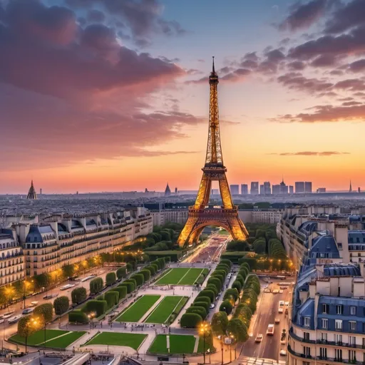 Prompt: Eiffel Tower in Paris, majestic HDR cityscape, vibrant sunset, bustling city lights, high-quality 4k resolution, detailed architecture, romantic atmosphere, iconic landmark, vibrant colors, glowing city skyline, HDR, vibrant, romantic, detailed, high-quality