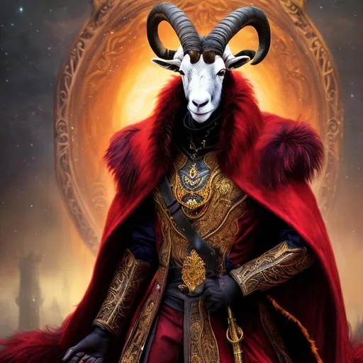 Prompt: High-quality digital art of  humanoid full bodied Goats, long red peacoat, majestic crown, detailed fur texture, regal stance, fantasy, vibrant colors, royal atmosphere, atmospheric lighting, fantasy, royal, detailed fur, majestic, professional, vibrant colors, regal pose, highres, digital art
