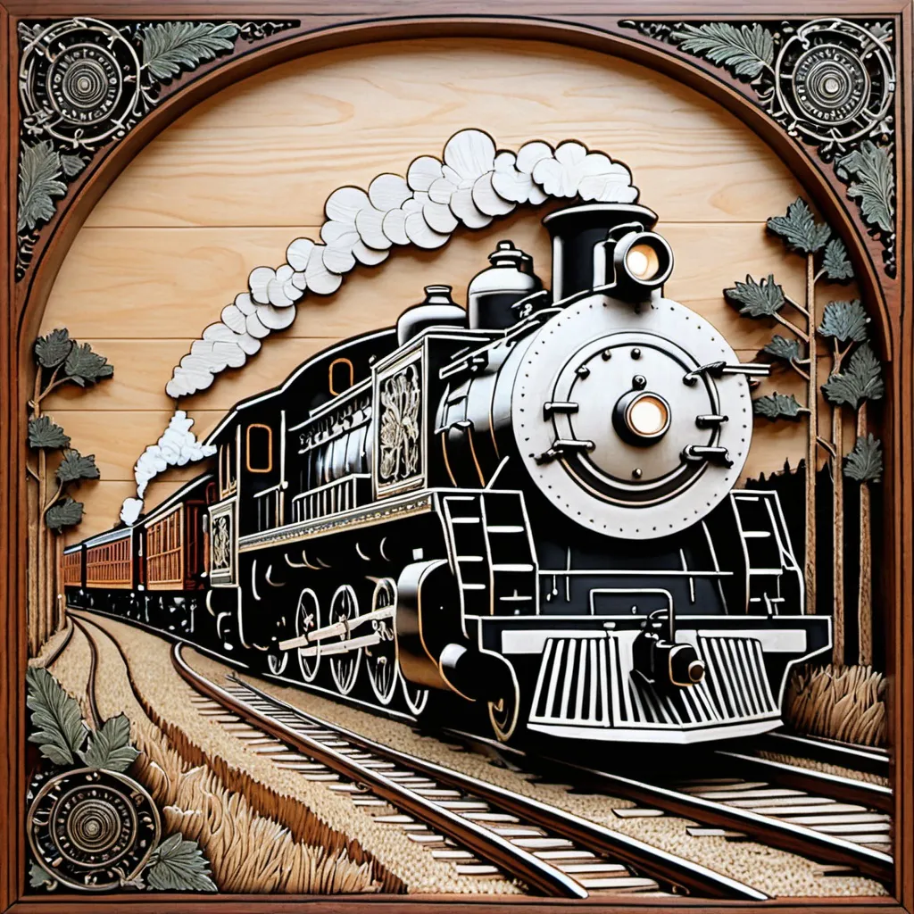 Prompt: a drawing of a train on a wooden panel with a train engine on it's track and a train engine on the track, Charles Ginner, folk art, intricately detailed, a woodcut,3d bas relief,complete wood texture