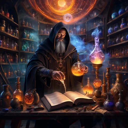 Prompt: <mymodel>A mage brewing potions in his laboratory, mystical cauldron, magical atmosphere, detailed wizard robes, ancient spell books, glowing potion ingredients, swirling mist, high-quality, fantasy, mystical, detailed potion brewing, atmospheric lighting