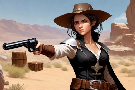 Prompt: Dungeons and Dragons character art of petite female gunslinger, she's noble and gambling charlatan, she wears a black peasant dress and holds a pepperbox firearm gun, digital art, high detailed, masterpiece, dynamic pose shooting sniper, Percival de Rolo as female