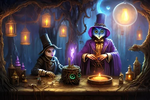 Prompt: Humanoid Magician working in a mystical laboratory, bubbling cauldron, wise owl perched on a branch, fantasy setting, magical books and artifacts, enchanting atmosphere, high quality, fantasy, mystical, detailed magician, mystical laboratory, bubbling cauldron, wise owl, magical books, enchanting atmosphere, fantasy setting, detailed animals, atmospheric lighting