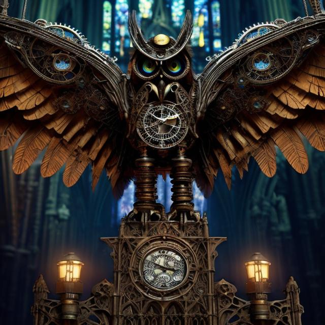 Prompt: Mechanical owl, steampunk style, intricate details, gothic cathedral, wings spread, perched, atmospheric lighting, gothic, steampunk, intricate design, mechanical, detailed feathers, cathedral interior, high quality, professional, atmospheric lighting