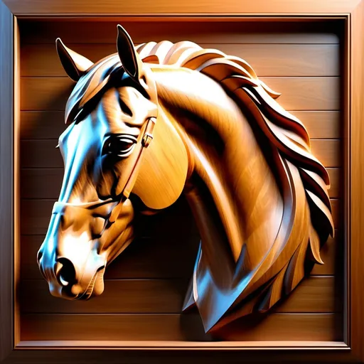 Prompt: Horses Head in 3D bas relief, wooden carved frame, realistic texture, high-quality, detailed craftsmanship, warm lighting