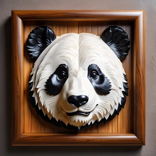 Prompt: Panda Bear Head in 3D bas relief, wooden carved frame, realistic texture, high-quality, detailed craftsmanship, warm lighting