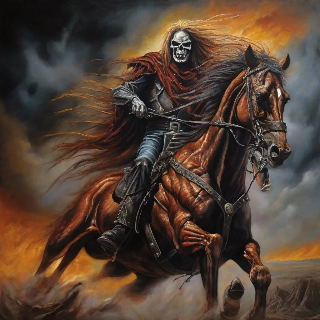 Prompt: Eddie from Iron Maiden as the horseman, oil painting, detailed facial features, menacing and apocalyptic vibe, high quality, dark and intense, heavy metal, detailed horse anatomy, fiery color tones, dramatic lighting, epic and grandiose, oil painting, detailed facial features, menacing, apocalyptic, horseman, heavy metal, fiery tones, dramatic lighting, epic