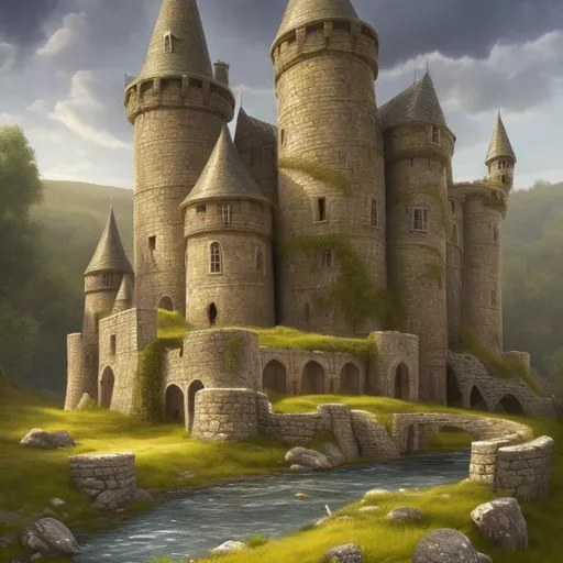 Prompt: Medieval fantasy illustration of a small castle by a tranquil river with fields, lush greenery, enchanting setting, high quality, detailed, fantasy, medieval, castle, river, lush greenery, enchanting, atmospheric lighting