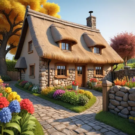 Prompt: Country cottage with thatched roof, colorful garden, stone wall, 3D bas relief, wooden picture frame, highres, detailed 3D rendering, traditional, vibrant colors, warm lighting