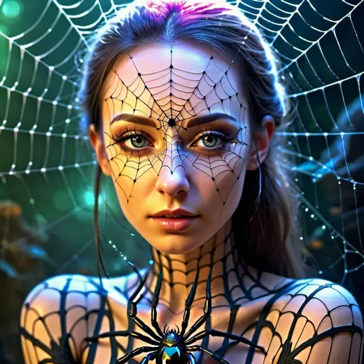 Prompt: Fantasy humanoid spider with a woman's face, intricate web patterns, ethereal fantasy art, high quality, detailed fantasy, humanoid spider, woman's face, intricate patterns, fantasy art, ethereal, dreamy lighting, mystical, vibrant colors