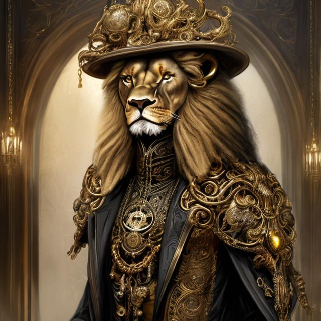 Prompt: Humanoid Lion in a long gold peacoat and wide-brimmed hat, luxurious fabric with intricate details, intense and piercing gaze, fantasy art, opulent gold tones, dramatic lighting, high-res, ultra-detailed, fantasy, luxurious, detailed fur, regal, opulent, extravagant, wide-brimmed hat, humanoid, fierce presence