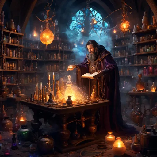 Prompt: <mymodel>A mage brewing potions in his laboratory, mystical cauldron, magical atmosphere, detailed wizard robes, ancient spell books, glowing potion ingredients, swirling mist, high-quality, fantasy, mystical, detailed potion brewing, atmospheric lighting