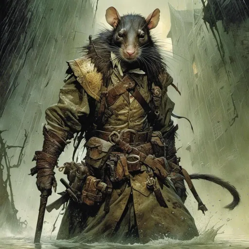 Prompt: <mymodel>A  full body portrait for the concept character design of 

a threatening fierceful anthropomorphic rat,
paladin crossing a gloomy flooded mangroove in  the middle  of a  rainstorm

, a stunning Frank Frazetta masterpiece by  Donato  Giancola  and  Terese Nielsen

, neat and clean composition made of neat and clear tangents full of negative space 

, ominous dramatic lighting with detailed shadows and highlights enhancing depth of perspective and 3D volumetric drawing

, a vibrant and colorful painting in HDR