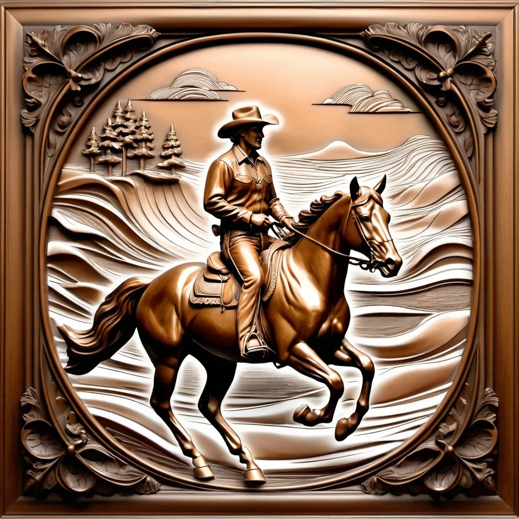 Prompt: a drawing of a cowboy riding a horse in a wood frame with a background of wavy waves and a man in a cowboy hat, Boleslaw Cybis, computer art, highly detailed digital art, a bronze sculpture, 3d Bas Relief