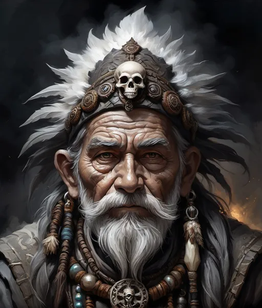 Prompt: (full-body) concept art of high fantasy wizened old male gnome deathspeaker shaman, oil painting, dark atmospheric lighting, high fantasy, highly detailed background, dark gritty tones, professional illustration, painted, art, painterly, thick gray and brown hair, thick gray and brown beard, crazed crazy possessed wild expression, shamanistic staff with skulls tied to it, shaman robes, soft shadows, soft highlights, very short subject, standing in highly detailed desolate wasteland background, windswept charred misty foggy rocky craggy dead wasteland background, skull and bone tribal fetishes, alchemical component pouches attached to belt, shamanistic tribal headdress, 