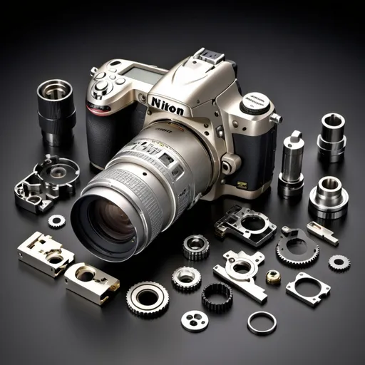 Prompt: Exploded view of disassembled Nikon Digital Camera, metal and plastic components scattered, high quality rendering, realistic 3D modeling, industrial, explosion effect, detailed components, dramatic lighting, cool lighting effects, mechanical, DIY, tools, power tools, intense shadows, dynamic composition, intricate details, metallic textures, professional, highres