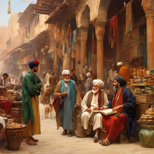 Prompt: <mymodel>PhD student with esteemed professor and wise sage in Egyptian Bazaar, realistic painting, vibrant colors, bustling atmosphere, detailed facial expressions, traditional attire, ancient architecture, intricate patterns, warm and vivid tones, natural lighting, high quality, realistic, vibrant colors, bustling atmosphere, detailed faces, traditional attire, ancient architecture
