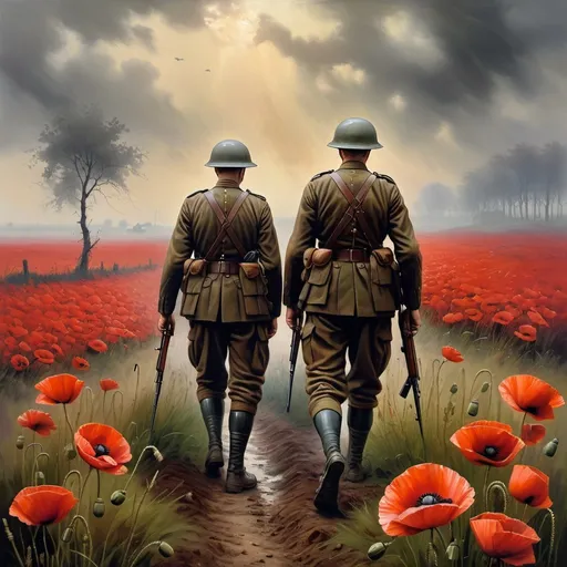 Prompt: Poppy Fields in Flanders, soldiers in battlefield, WW2, vibrant red poppies, somber atmosphere, high quality, realistic, historical, dramatic lighting, detailed soldier uniforms and faces, war-torn landscape, foggy morning, intense emotions, realistic, oil painting, historical, somber tones, dramatic lighting