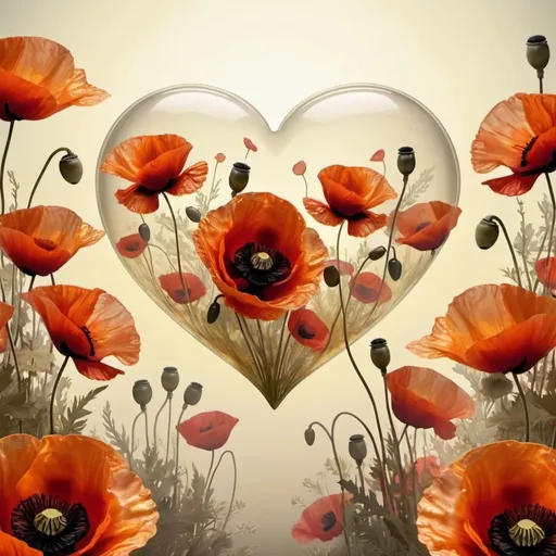 Prompt: Large heart shape with several semi-transparent poppies, dominant center poppy, yellowish mottled background, 4K quality, semi-realistic style, warm tones, soft lighting, detailed petals, floral design, ethereal atmosphere, soldier silhouette paying respect, semi-transparent, detailed, soft lighting, floral, warm tones, high quality, semi-realistic, poppies, large heart shape, detailed background