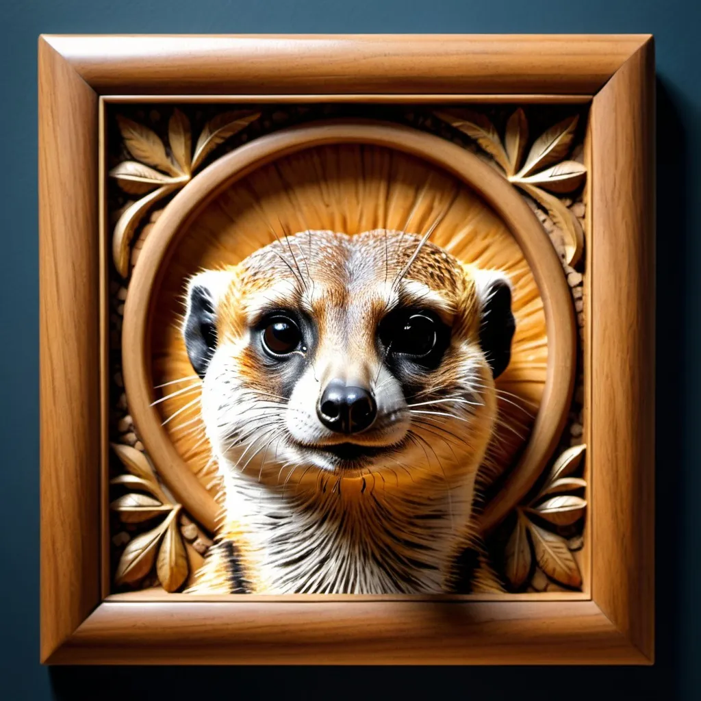Prompt: Meerkat Head in 3D bas relief, wooden carved frame, realistic texture, high-quality, detailed craftsmanship, warm lighting