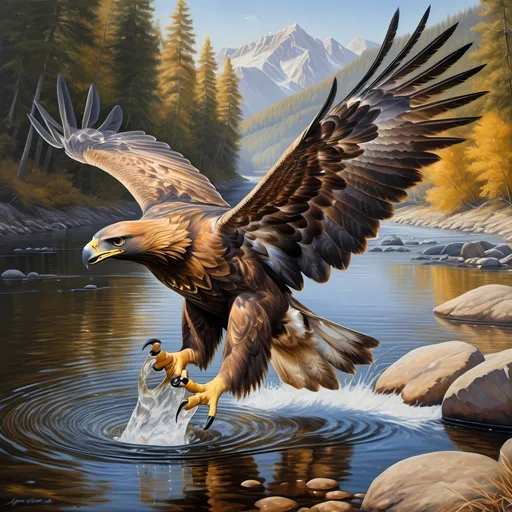 Prompt: Golden eagle catching a fish in a beautiful river, realistic oil painting, sparkling water, vibrant golden feathers, detailed fish scales, majestic eagle, serene landscape, high quality, realistic, detailed feathers, river, wildlife art, natural lighting