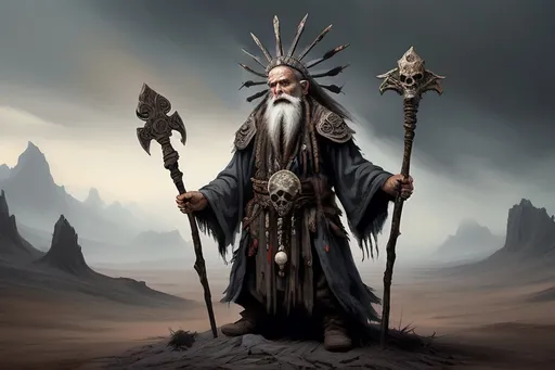 Prompt: (full-body) concept art of high fantasy wizened old male gnome deathspeaker shaman, oil painting, dark atmospheric lighting, high fantasy, highly detailed background, dark gritty tones, professional illustration, painted, art, painterly, thick gray and brown hair, thick gray and brown beard, crazed crazy possessed wild expression, shamanistic staff with skulls tied to it, shaman robes, soft shadows, soft highlights, very short subject, standing in highly detailed desolate wasteland background, windswept charred misty foggy rocky craggy dead wasteland background, skull and bone tribal fetishes, alchemical component pouches attached to belt, shamanistic tribal headdress, 