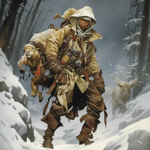 Prompt: <mymodel>A medieval anthropomorphic  

Goat

tinkerer artificer

wearing an artic explorer outfit  with adventuring gear full of pockets and harness holster belts

in the middle  of a  snowstorm

, a stunning Alphonse Mucha's masterpiece in  fantasy  artstyle by Anders Zorn and Joseph Christian Leyendecker

, neat and clear tangents full of negative space 

, a dramatic lighting with detailed shadows and highlights enhancing depth of perspective and 3D volumetric drawing

, a  vibrant and colorful high quality digital  painting in HDR