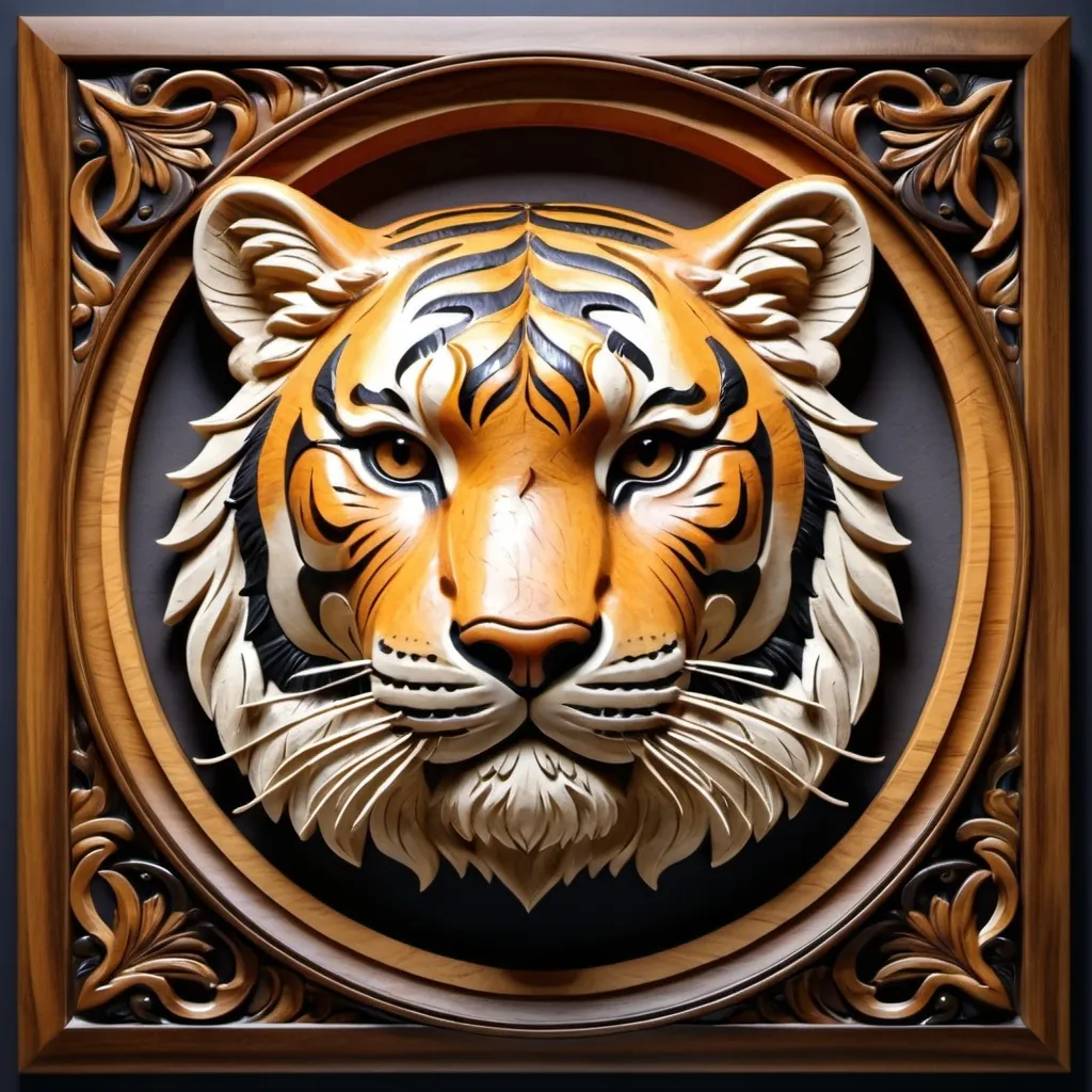 Prompt: Tigers Head in 3D bas relief, wooden carved frame, realistic texture, high-quality, detailed craftsmanship, warm lighting