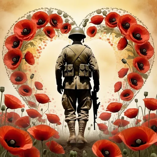 Prompt: Large heart shape with several semi-transparent poppies and , soldier silhouette paying respect in the centre ,dominant center poppy, yellowish mottled background, 4K quality, semi-realistic style, warm tones, soft lighting, detailed petals, floral design, ethereal atmosphere, semi-transparent, detailed, soft lighting, floral, warm tones, high quality, semi-realistic, poppies, large heart shape, detailed background