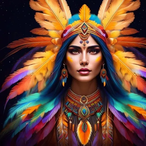 Prompt: Native American eagle shaman woman with beautiful face, vibrant orange and gold feathers, ethereal lighting, high-res, digital art, realism, cosmic, vibrant, detailed, professional, colorful, mystical aura, intricate details, mesmerizing gaze, intricate headdress, glowing energy, otherworldly beauty, radiant complexion, cosmic energy, professional digital art, high quality