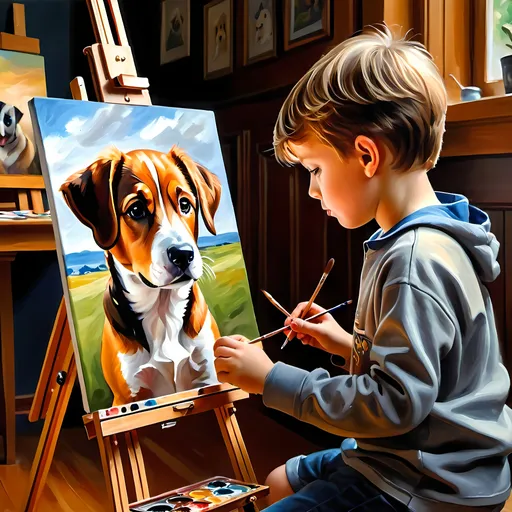 Prompt: Oil painting of a boy painting a picture of a cute dog at an easel, vibrant brushstrokes, detailed facial expression, warm tones, soft natural lighting, high quality, realistic, detailed background, rich texture, traditional art, focused concentration, artsy atmosphere