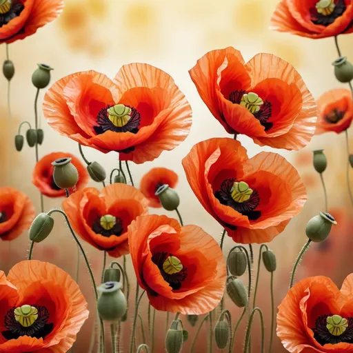 Prompt: Large heart shape with several semi-transparent poppies, dominant center poppy, yellowish mottled background, 4K quality, semi-realistic style, warm tones, soft lighting, detailed petals, floral design, ethereal atmosphere