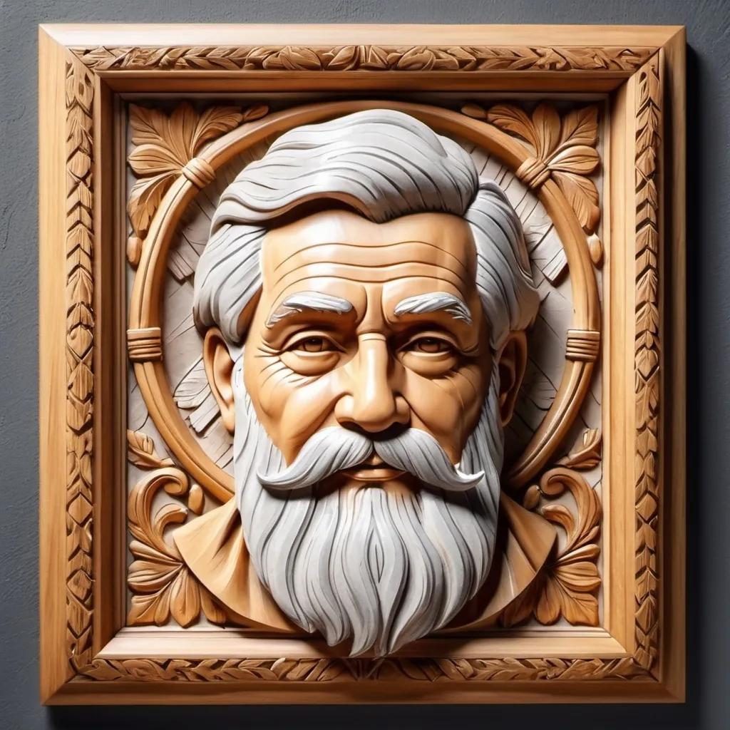 Prompt: Old man with grey hair and beard in 3D bas relief, wooden carved frame, realistic texture, high-quality, detailed craftsmanship, warm lighting