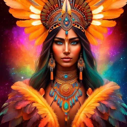 Prompt: Native American eagle shaman woman with beautiful face, vibrant orange and gold feathers, ethereal lighting, high-res, digital art, realism, cosmic, vibrant, detailed, professional, colorful, mystical aura, intricate details, mesmerizing gaze, intricate headdress, glowing energy, otherworldly beauty, radiant complexion, cosmic energy, professional digital art, high quality