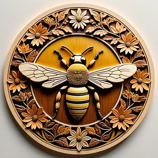 Prompt: Woodcut of a bee surrounded by flowers and leaves, intricate environment, Alison Kinnaird, arts and crafts movement, circular design in the center, high quality, woodcut, detailed carving, arts and crafts, intricate details, nature-inspired, warm tones, soft lighting