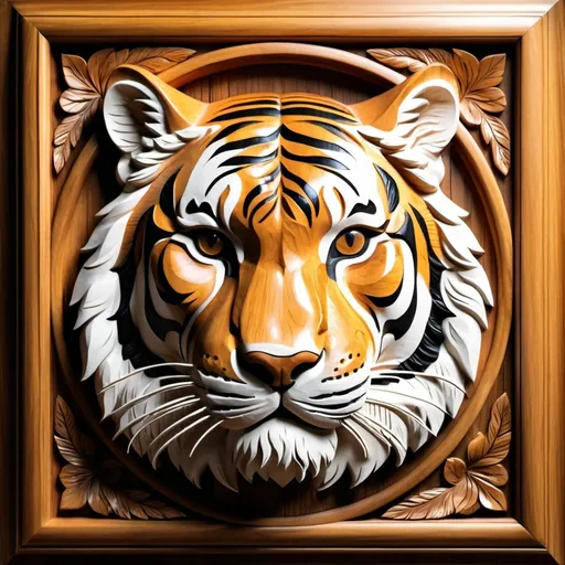 Prompt: Tigers Head in 3D bas relief, wooden carved frame, realistic texture, high-quality, detailed craftsmanship, warm lighting