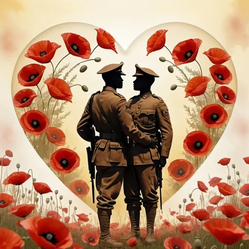 Prompt: Large heart shape with several semi-transparent poppies and , soldier silhouette paying respect in the centre ,dominant center poppy, yellowish mottled background, 4K quality, semi-realistic style, warm tones, soft lighting, detailed petals, floral design, ethereal atmosphere, semi-transparent, detailed, soft lighting, floral, warm tones, high quality, semi-realistic, poppies, large heart shape, detailed background
