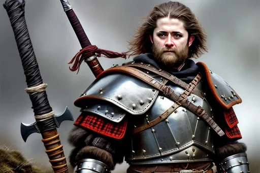 Prompt: Traditional Scottish warrior, detailed leather armor, kilt, sporen, axe and sword, well-kept leather, high quality, realistic, detailed, historical, rugged, traditional, earthy tones, dramatic lighting,electronic painting (full-body) character portrait of sci-fi high-fantasy