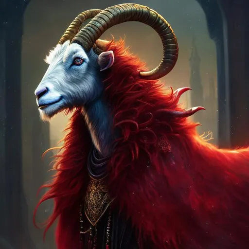 Prompt: High-quality digital art of a humanoid Goat, long red peacoat, majestic crown, detailed fur texture, regal stance, fantasy, vibrant colors, royal atmosphere, atmospheric lighting, fantasy, royal, detailed fur, majestic, professional, vibrant colors, regal pose, highres, digital art