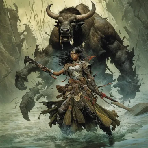 Prompt: <mymodel>A  full body portrait for the concept character design of 

a threatening fierceful anthropomorphic buffalo
paladin crossing a gloomy flooded mangroove
, a stunning Frank Frazetta masterpiece by  Donato  Giancola  and  Terese Nielsen

, neat and clean composition made of neat and clear tangents full of negative space 

, ominous dramatic lighting with detailed shadows and highlights enhancing depth of perspective and 3D volumetric drawing

, a vibrant and colorful painting in HDR