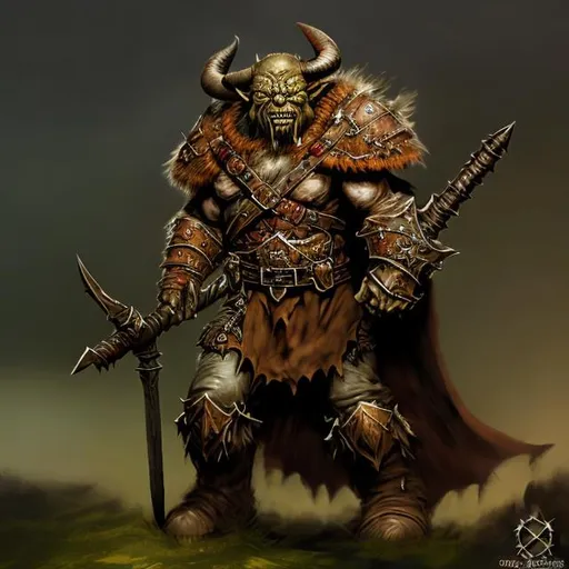 Prompt: Ork in a brown tunic, solid build, carrying a mace and axe, fantasy battlefield, horns, evil face, fantasy theme, detailed, high quality, fantasy art, atmospheric lighting, ominous color tones, detailed armor