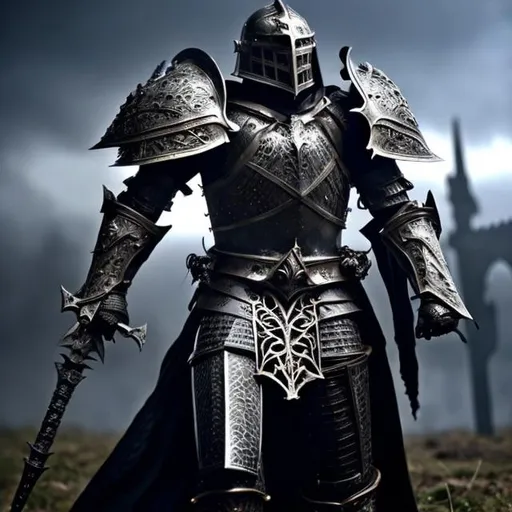 Prompt: Fantasy knight in black armor, Full Body,medieval fantasy style, intricate designs, menacing presence, high quality, detailed, heroic, dark tones, atmospheric lighting, fighting poses.