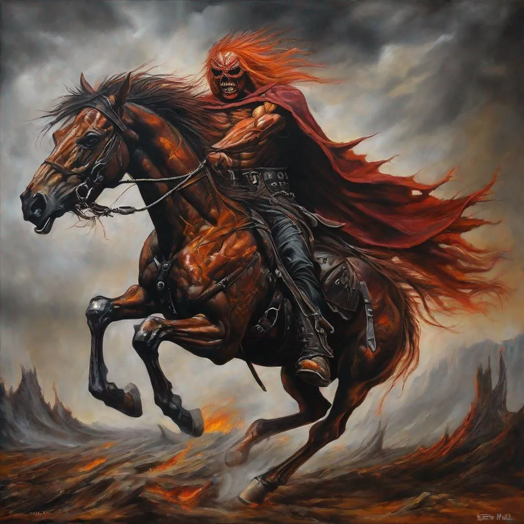 Prompt: Eddie from Iron Maiden as the horseman, oil painting, detailed facial features, menacing and apocalyptic vibe, high quality, dark and intense, heavy metal, detailed horse anatomy, fiery color tones, dramatic lighting, epic and grandiose, oil painting, detailed facial features, menacing, apocalyptic, horseman, heavy metal, fiery tones, dramatic lighting, epic