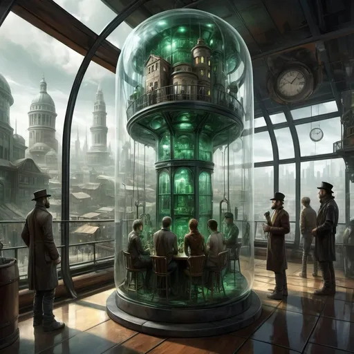 Prompt: a digital drawing Multi People inside Large Glass translucent bottles and the city, in the style of intricate steampunk, nikolai lockertsen, floating structures, serge marshennikov, xbox 360 graphics, don maitz, dark emerald and gray